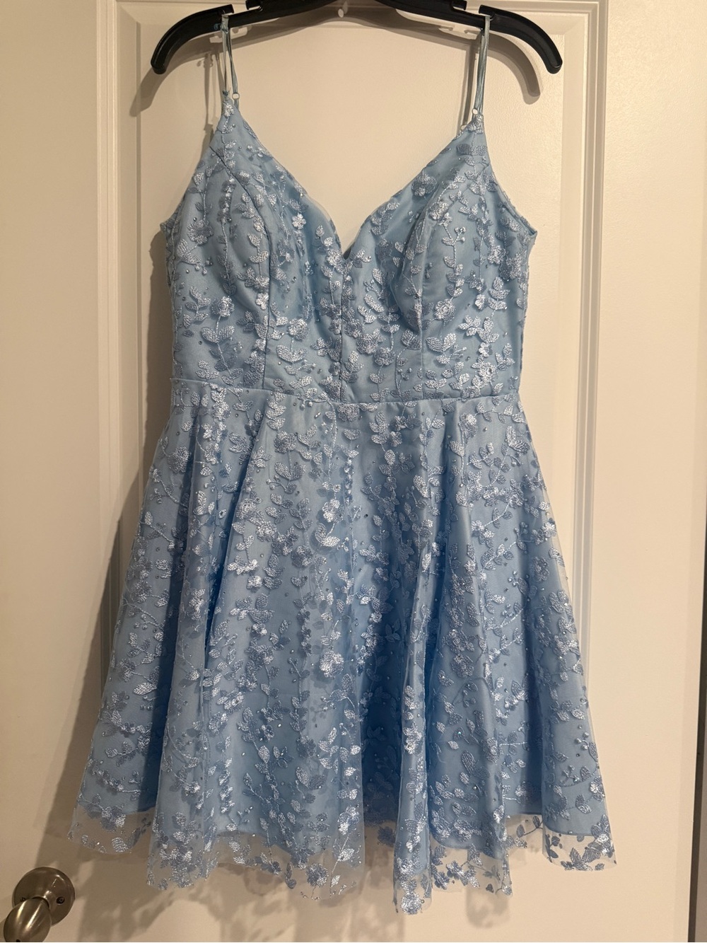 Light Blue Lace A-Line Junior Dress with Spaghetti Straps
